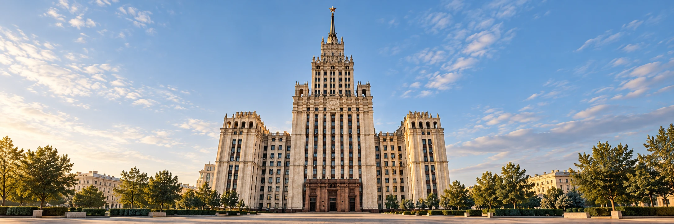 Сталинская высотка на Красных Воротах в тёплом утреннем свете